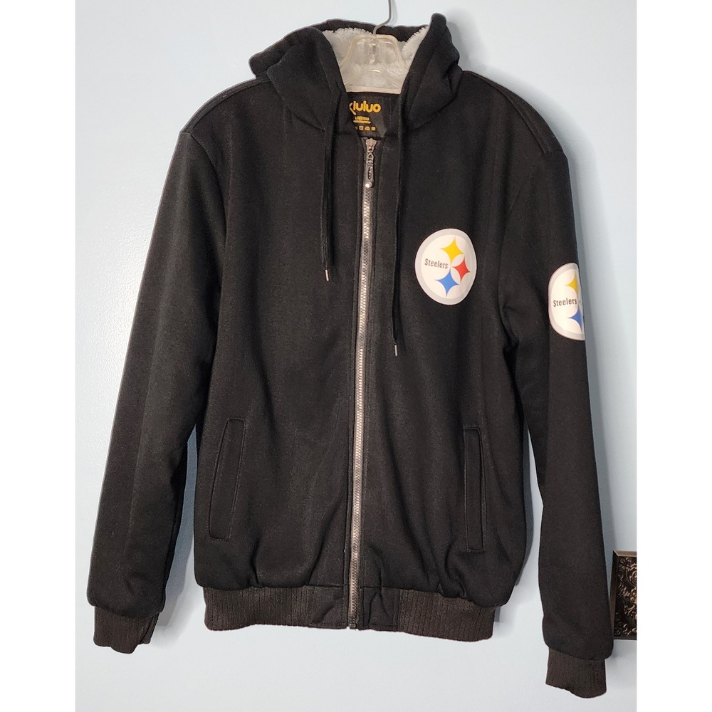 Pittsburgh Steelers Jacket Mens‎ L Black Full Zip Fleece Lined Hoodie EUC Large